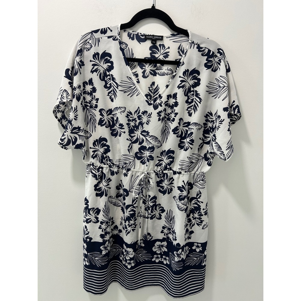 Mario Serrani Italy Womens Navy White Floral V-Neck Drawstring Waist Dress M
